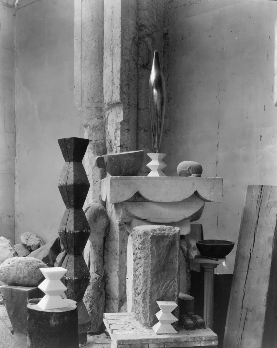 Brâncuși's studio, 1920 — the room he treated as a single work, reconstructed in Berlin.